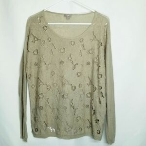 J. Jill Sweater Pull Over Open Knit Tan Floral Lightweight‎ packable Size M
